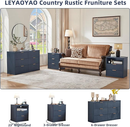 LEYAOYAO Fluted Dresser and 3 Drawers Nightstand Set of 2, Wood 48" Wide Dresser & 23" Night Stand with Charging Station, 3 Piece Bedroom Furniture Set, Chest of Drawers for Home,Living Room,Nave Blue