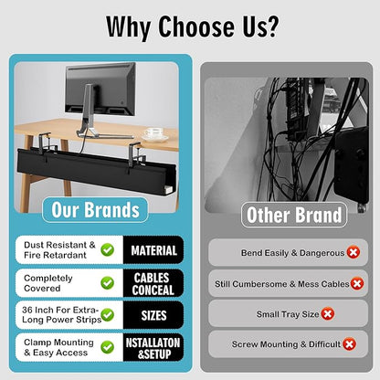 Desk Cable Management Tray, Fabric Cable Organizer, No Drill Large Clamp/Screw Mount Wire Organizer-Support Up to 30lbs, Standing Desk Cable Management for Office Home (Black,48 Inch)