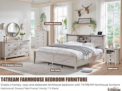 T4TREAM Farmhouse Nightstand Set of 2 with Charging Station, Rustic End Table with 2 Drawers, Storage Open Shelf for Bedroom, Living Room, Wood Side Table, Antique Brush White
