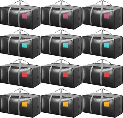 12 Pack Extra Heavy Duty Large Moving Bags with Reinforced Zipper & Wide Handles, Waterproof Storage Bins for Clothes, College Dorm, Travel, and Home Organization, Gray