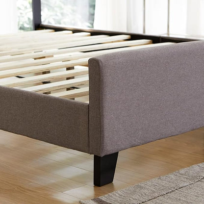 Livinia Amelia Twin Size Platform Bed, Fabric Upholstered Twin Bed Frame with Height Adjustable Headboard Footboard, Strong Wood Slats, No Box Spring Needed, Brown