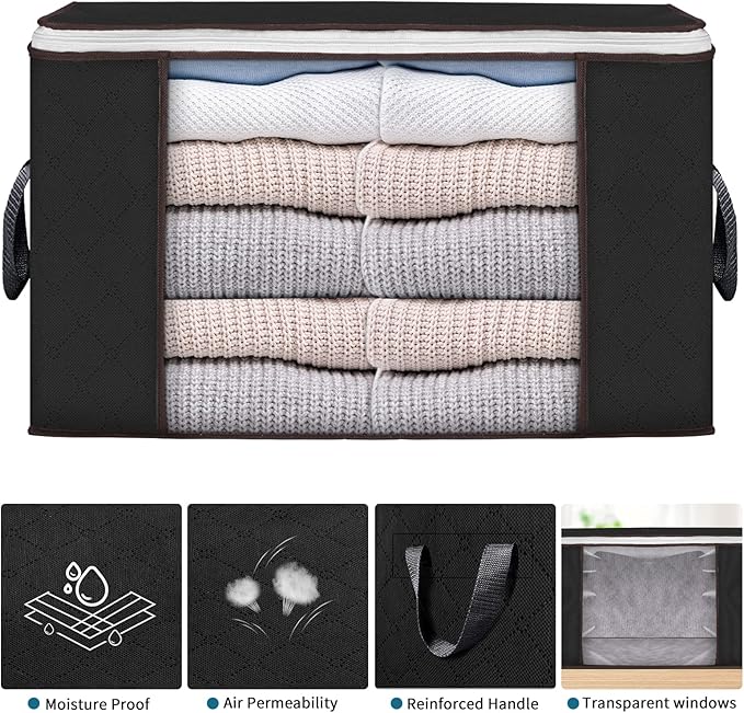 Large Storage Bags, 3 Pack Clothes Storage Bins Foldable Closet Organizers Storage Containers with Durable Handles Thick Fabric for Blanket Comforter Clothing Bedding 90 L (Black)