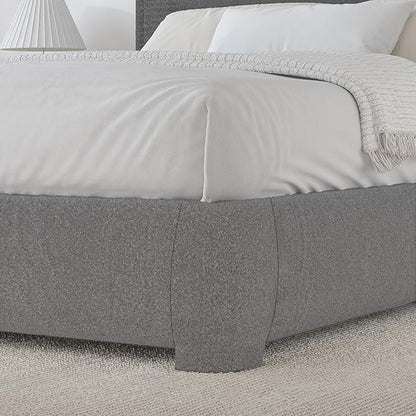 BarnFurin Twin Size Bed Frame, Boucle Upholstered Platform Bed with Headboard, Modern Style, Soft Rounded Corners, No Box Spring Required, Easy Assembly, Light Grey