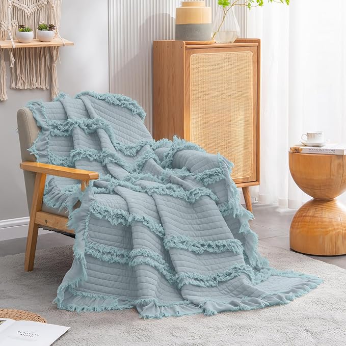 Ultra Soft Pre-Washed Warm Quilted Throw Blanket, Ruffle Fringed Blue Green Boho Decorative Throw, Stone Washed Chic Rustic Blanket for Sofa Couch Bed Chair, 50"x 60"
