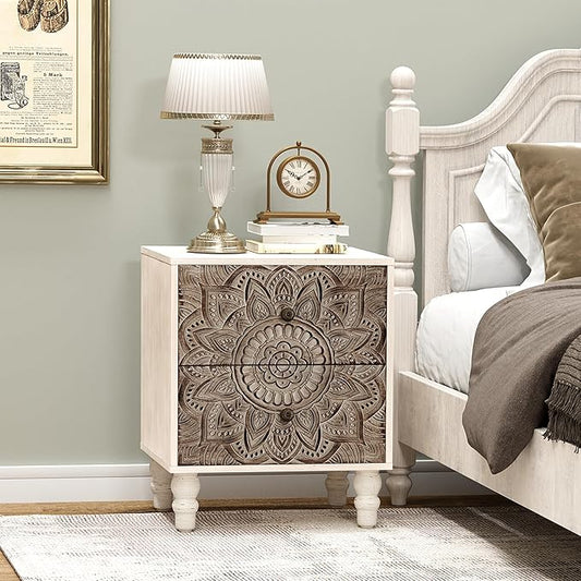 COSIEST Vintage Nightstand, 18" Wide Wood Small Bed Side Table with 2 Drawers, Accent Bedside Table, Bedroom Furniture for Home, Office (Lotus Pattern)