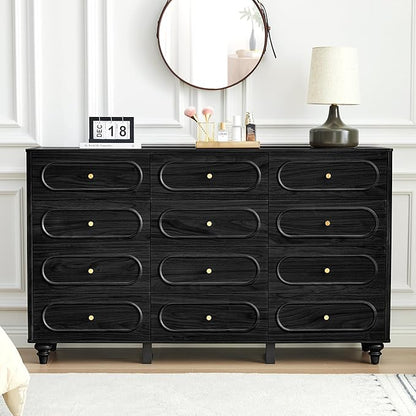 12 Drawer Fluted Dresser for Bedroom, Mid Century Modern Chest of Drawers, Wood Storage Small Dresser Organizer for Bedroom Living Room Hallway Closet, Black