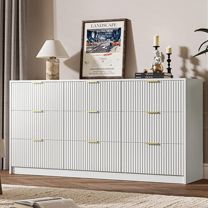 White 9 Drawer Dresser for Bedroom, 63" Wide Modern Fluted Dresser with Gold Metal Handles, Chest of Drawers for Bedroom, Living Room, Entryway, Hallway