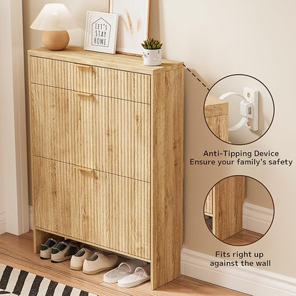 Fluted Shoe Cabinet Storage with 2 Flip Drawers & 1 Drawers, Wood Narrow Hidden Shoe Cabinet with Adjustable Shelf for Entryway, Freestanding Slim Shoe Rack Organizer for Foyer Hallway Living Room