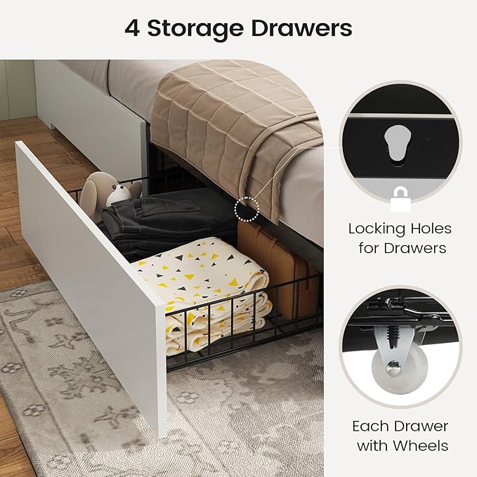 AOGLLATI Farmhouse Queen Bed Frame with 4 Storage Drawers and Led Lights, Wooden Bed Frame Queen Size with Hidden Space Bookcase Headboard and Led Lights & Metal Slats, White