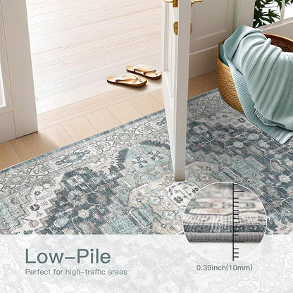 Washable Runner Hallway Rug,Low Pile 2x8 Non Slip Non-Shedding Kitchen Carpet Soft Indoor Stain Resistant Rug for Bedroom Laundry Room Bathroom Blue Beige Multi
