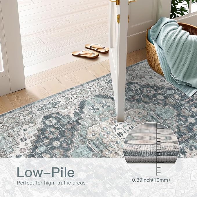 Washable Runner Hallway Rug,Low Pile 2x6 Non Slip Non-Shedding Kitchen Carpet Soft Indoor Stain Resistant Rug for Bedroom Laundry Room Bathroom Blue Beige Multi