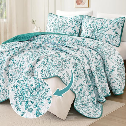 WONGS BEDDING Quilt King Size, Teal Quilt Bedding Set with 2 Pillowcases, Botanical Quilt for King Bed, Soft Microfiber Lightweight Coverlet Bedspread for All Season (110"×90", 3 Pieces)