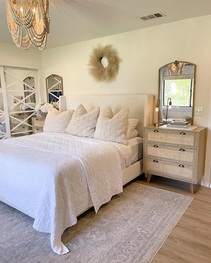 PHI VILLA Rattan Nightstand Set of 2 - Dresser with Drawer Boho Small Cabinet, 3 Drawer Dresser, Rattan Cabinet
