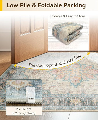 Area Rugs Round 6ft Washable Non-Slip, Floral Vintage Distress Print Pattern Medallion Carpet for Living Room Bedroom Dining Room, Blue Orange Red