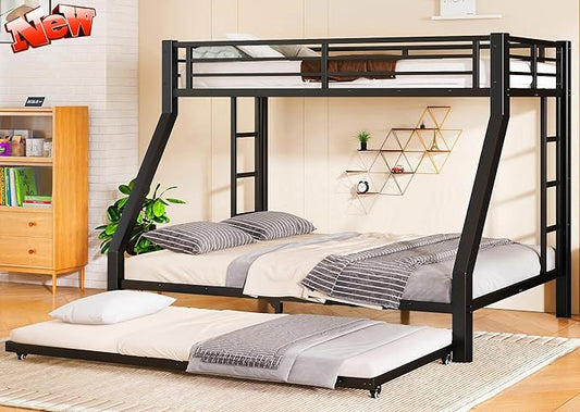 Upgraded Version Thicken Stronger Metal Heavy-Duty Twin XL Over Queen Bunk Bed with Twin Size Trundle, Twin Over Queen Bunk Bed for Adults with Ladders, Easy Assemble (Twin XL/Queen)