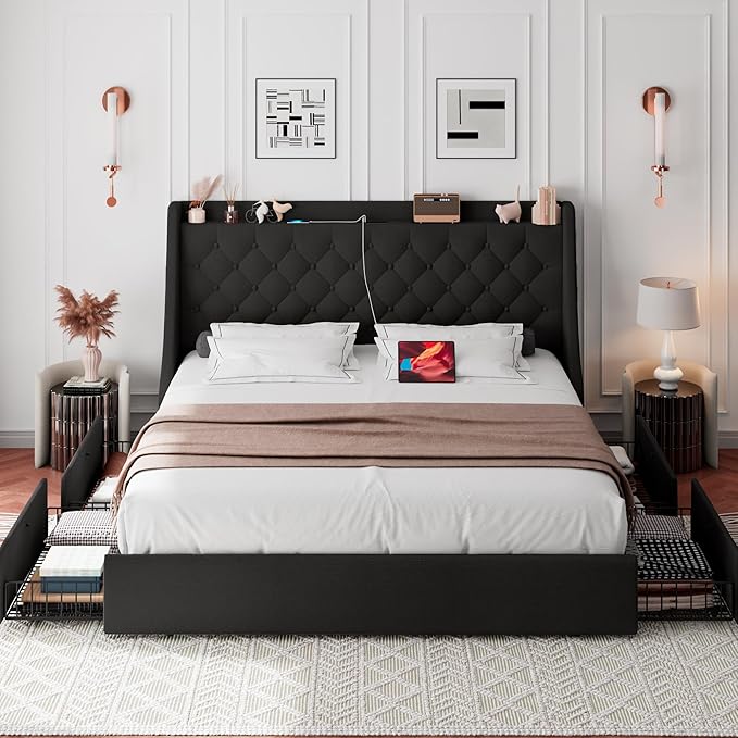iPormis Queen Bed Frame with 4 Storage Drawers, Upholstered Platform Bed Frame with Type-C & USB Ports, Wingback Storage Headboard, Solid Wood Slats, No Box Spring Needed, Black