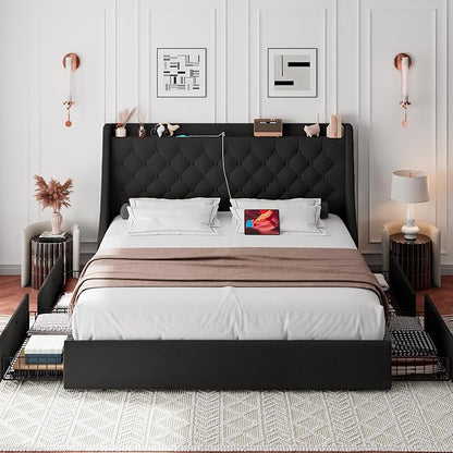 iPormis Queen Bed Frame with 4 Storage Drawers, Upholstered Platform Bed Frame with Type-C & USB Ports, Wingback Storage Headboard, Solid Wood Slats, No Box Spring Needed, Black
