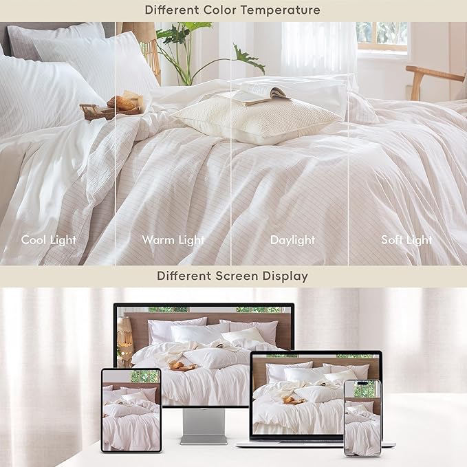 MooMee Striped Duvet Cover Set 100% Washed Cotton Linen Like Textured Breathable Durable Soft Comfy (White Heathered Greyish Pink Wide Stripes, Queen 90"x90")