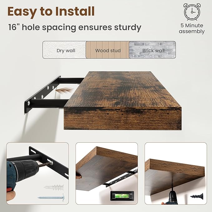 30 Inch Floating Shelves for Wall, 8 Inch Deep Floating Shelf for Storage & Display, Wall Mounted Shelf with Invisible Brackets for Living Room, Kitchen, Bathroom, Home Decor, Set of 2, Rustic Brown