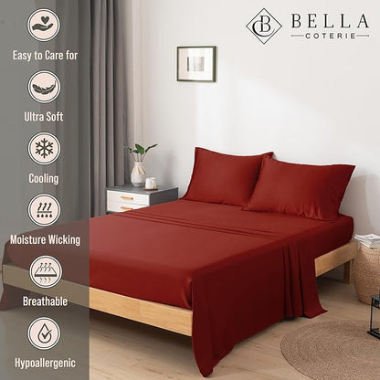 Bella Coterie Luxury Bamboo Viscose Twin Size Sheet Set | 100% Organically Grown | Ultra Soft | Cooling for Hot Sleepers | 18" Deep Pocket [Merlot]