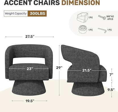 Swivel Accent Chair, Modern Comfy Chenille Barrel Chairs, Oversized Upholstered Round Arm Chair for Living Room, Bedroom, Reading Room, Black, 1 PCS