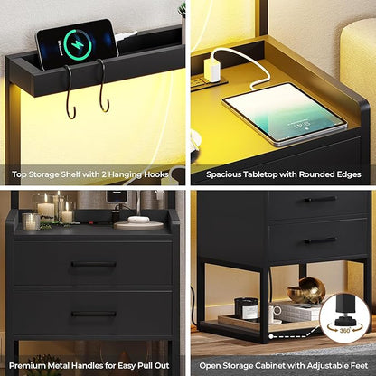 VIAGDO Nightstands Set of 2 with Charging Station, LED Night Stand with 2 Drawers, Black Modern Bedside Tables with Open Storage Shelves, End Side Tables for Bedroom, Office