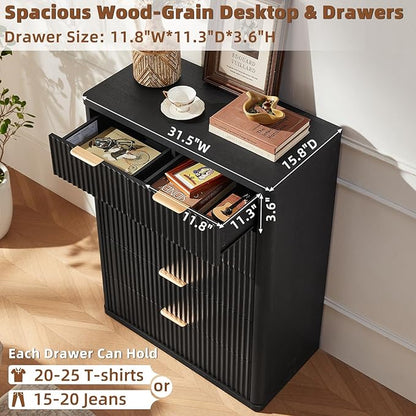LEYAOYAO 42" Tall Fluted Dresser and 3 Drawers 23" Nightstand Set of 2, Wooden Dresser & Night Stand with Charging Station, 3 Piece Bedroom Furniture Set, Wood Chest of Drawer for Living Room,Black
