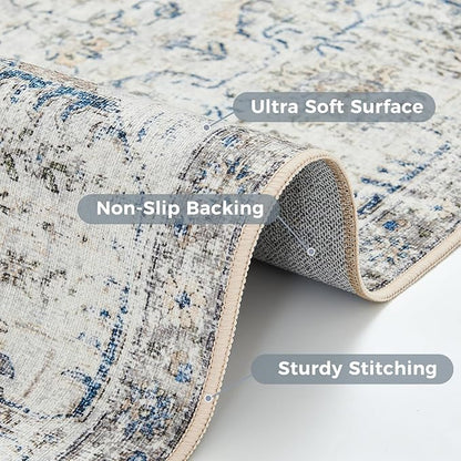 jinchan Runner Rug 2x8 Washable Hallway Rug Vintage Indoor Thin Retro Floor Cover Distressed Floral Country Lightweight Non Slip Carpet for Entryway Bathroom Kitchen Bedroom Living Room Stairway Blue