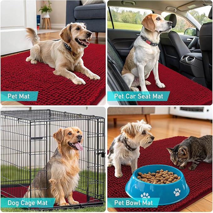 OLANLY Dog Door Mat for Muddy Paws 40x24, Absorbs Moisture and Dirt, Absorbent Non-Slip Washable Doormat, Quick Dry Chenille Mud Mat for Dogs, Entry Indoor Entryway Carpet for Inside Floor, Red