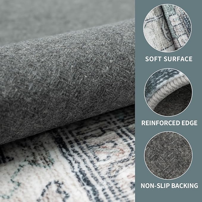 Washable Runner Hallway Rug,Low Pile 2x10 Non Slip Non-Shedding Kitchen Carpet Soft Indoor Stain Resistant Rug for Bedroom Laundry Room Bathroom Blue Beige Multi