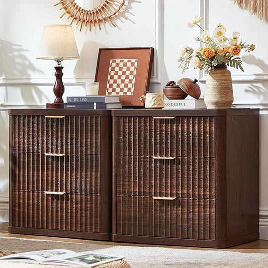 LEYAOYAO Fluted Farmhouse Nightstand Set of 2 with Charging Station, 23" Wide 3 Drawers Night Stand,Walnut Dresser for Bedroom,Bed Side Table Chest of Drawers,Wood End Table for Living Room