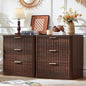 LEYAOYAO Fluted Farmhouse Nightstand Set of 2 with Charging Station, 23" Wide 3 Drawers Night Stand,Walnut Dresser for Bedroom,Bed Side Table Chest of Drawers,Wood End Table for Living Room