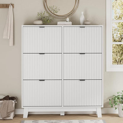 Shoe Cabinet with 6 Flip Drawers, 54" Tall Narrow Fluted Shoe Storage Organizer for Entryway, Hidden Slim Wooden Shoe Rack Cabinet for Front Door Entrance, Hallway, Living Room, Solid White