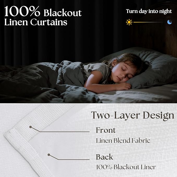 White Pinch Pleated Blackout Linen Curtains 120 Inches Long for Living Room Bedroom 2 Panels Room Darkening Thermal Insulated Neutral Pure White Farmhouse 100% Black Out Window Curtain Drape 120 Inch