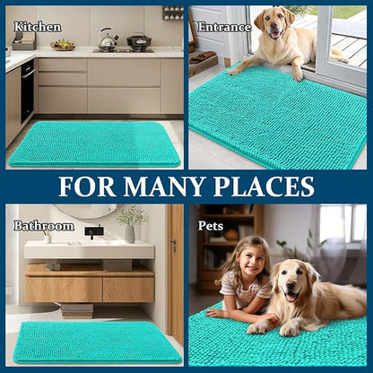 OLANLY Dog Door Mat for Muddy Paws 59x24, Absorbs Moisture and Dirt, Absorbent Non-Slip Washable Doormat, Quick Dry Chenille Mud Mat for Dogs, Entry Indoor Entryway Carpet for Inside Floor, Teal