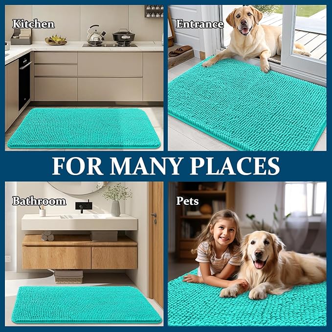OLANLY Dog Door Mat for Muddy Paws 24x16, Absorbs Moisture and Dirt, Absorbent Non-Slip Washable Doormat, Quick Dry Chenille Mud Mat for Dogs, Entry Indoor Entryway Carpet for Inside Floor, Teal