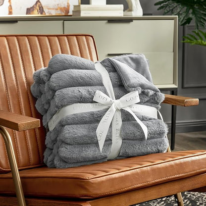 Cozy Bliss Faux Fur Throw Blanket for Couch, Cozy Warm Plush Striped Blanket for Sofa Bedroom Living Room, 90 * 90 Inches Gray