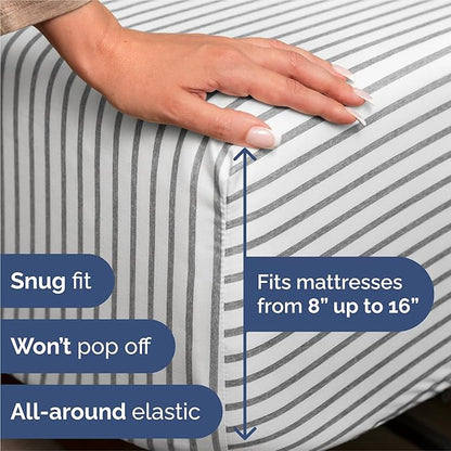 Split King 7 Piece Sheet Set - Cooling & Breathable - Hotel Luxury Bedding Includes Fitted Sheets for Women, Men, Kids & Teens - 1 Flat, 2 Fitted Sheets, 4 Pillowcases w/Deep Pockets - Grey Stripes