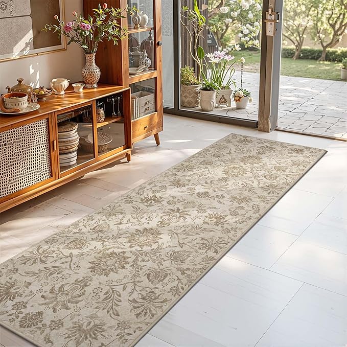 jinchan Torino Runner Rugs 2x6, Vintage-Inspired Floral Neutral Design Machine Washable Non-Slip Ultra-Thin Low-Pile Rubber Backing Runner Rug for Kitchen Hallway Laundry Room Entryway Taupe