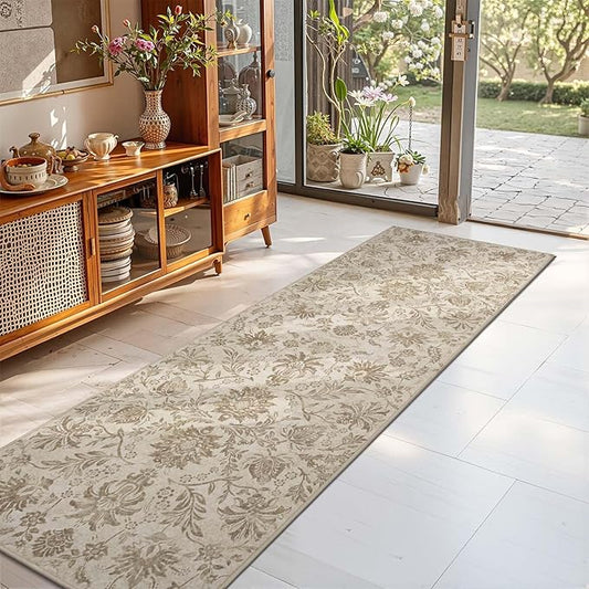 jinchan Torino Runner Rugs 2x6, Vintage-Inspired Floral Neutral Design Machine Washable Non-Slip Ultra-Thin Low-Pile Rubber Backing Runner Rug for Kitchen Hallway Laundry Room Entryway Taupe