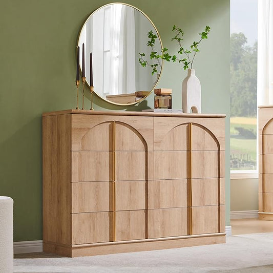 ACCOHOHO Large Dresser for Bedroom with 8 Drawers with Arched Panel,Modern Minimalist Chest of Drawers with Gold Handles,Wood Storage Closet Dressers Tv Stand for Living Room, Hallway,Natural Oak
