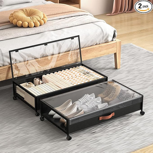 Under Bed Storage with Wheels, XXL Larger Under Bed Storage Containers with Clear Lids, 31'' Lengthen Under Bed Shoe Organizer for Shoes Clothes(Black 2 Pack, XXL(31"x16.6"x7.48"))