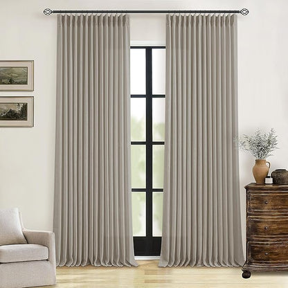 Pinch Pleated Linen Curtains 108 Inches Long for Living Room 2 Panels Set Greyish Beige Flax Double Pleated Drapes Back Tab Farmhouse Ceiling Floor 108 Inch Window Curtains Bedroom Burlywood Birch