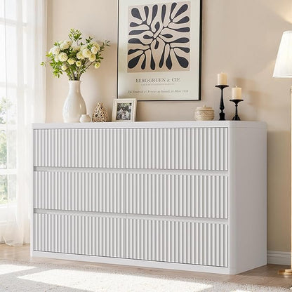 Fluted 6 Drawers Double Dresser, White Dresser for Bedroom, Modern Chest of Drawers with Handleless, Curved Profile Dressers TV Stand, Wood Storage Organizer for Living Room, Hallway