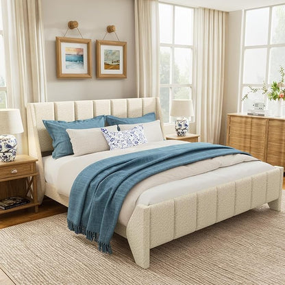 Brafab Full Boucle Upholstered Bed Frame with Wingback Headboard, No Box Spring Needed, Easy Assembly, Platform Bed with Wooden Slats, Beige