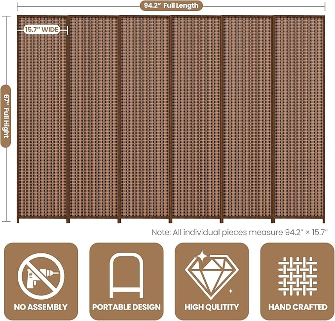 6 Panel Room Divider and Extra Wide Folding Privacy Screen, 94.5" W x 67" H, Bamboo Room Divider for Room Separation.
