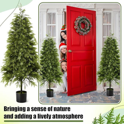 Giegxin 2 Pack 4ft Artificial Cedar Topiary Trees with Planter Outdoor Christmas Tree Decorations Faux Cypress Plants UV Resistant Potted Bushes Faux Shrubs for Outdoor Indoor Front Door Porch Garden