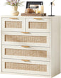 LEYAOYAO White Dresser for Bedroom, 33.5" Tall Chest of Drawers, Modern 5 Drawers Boho Rattan Dressers with Storage, Dresser Wooden Closet Organizer for Living Room, Hallway