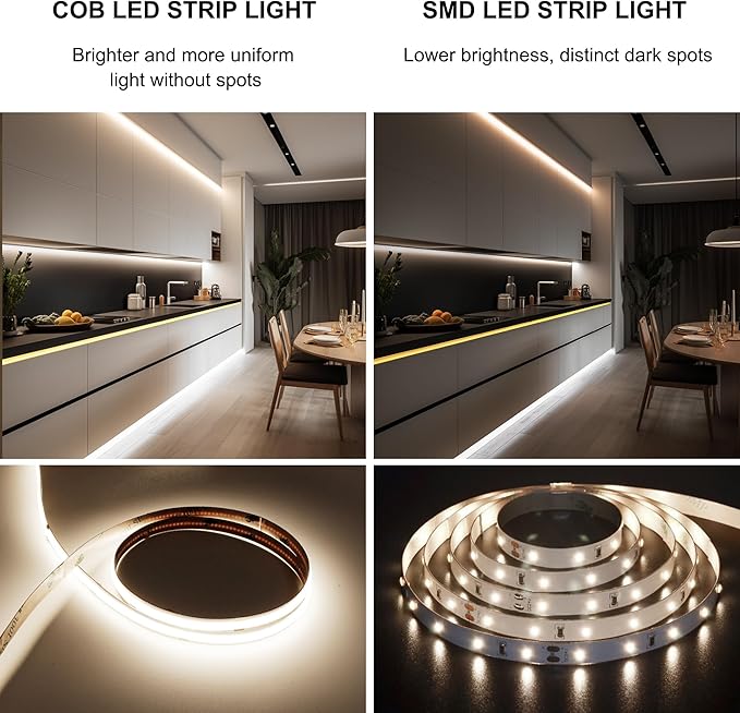 COB LED Strip Lights Cool White,24V Dimmable led Light Strip KIT with Remote and app Control,6000K 50FT/15m 8mm Wide Ra>90 Cuttable Flexible Strip Lights for Bedroom,Wardrobe,Cabinet