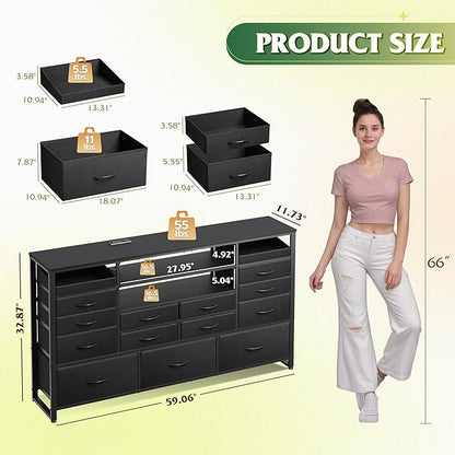 WLIVE Black TV Stand for 55, 60, 65 inch TV, Entertainment Center with LED Lights & Charging Station, TV Media Console Table with 15 Fabric Drawers and Open Shelves for Living Room, Hallway, Wood Topm